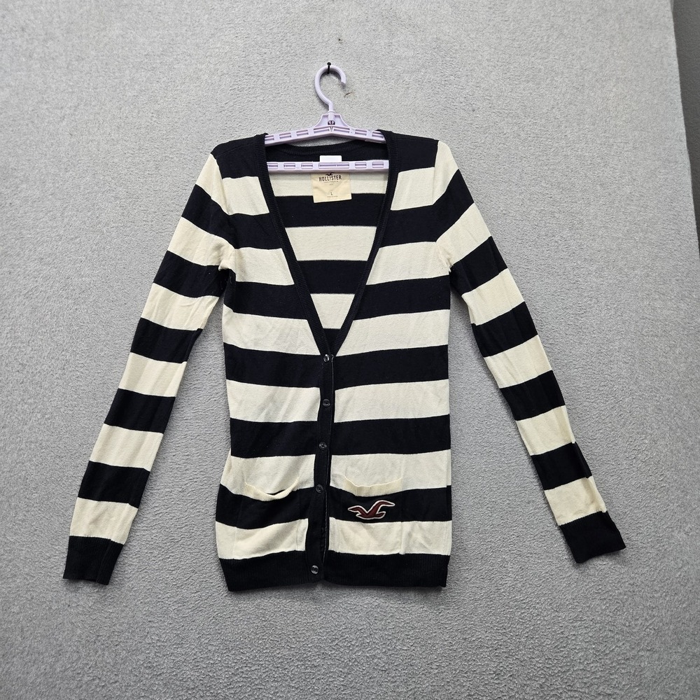 Hollister Women Cardigan L Black Y2K Bella Babydoll Embroidered Striped Cardigan